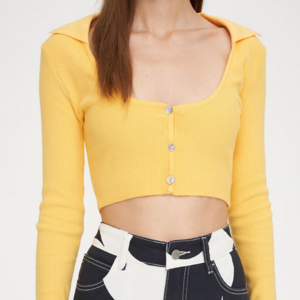 Cider Yellow Knit Long-Sleeve Button-Up Crop Top